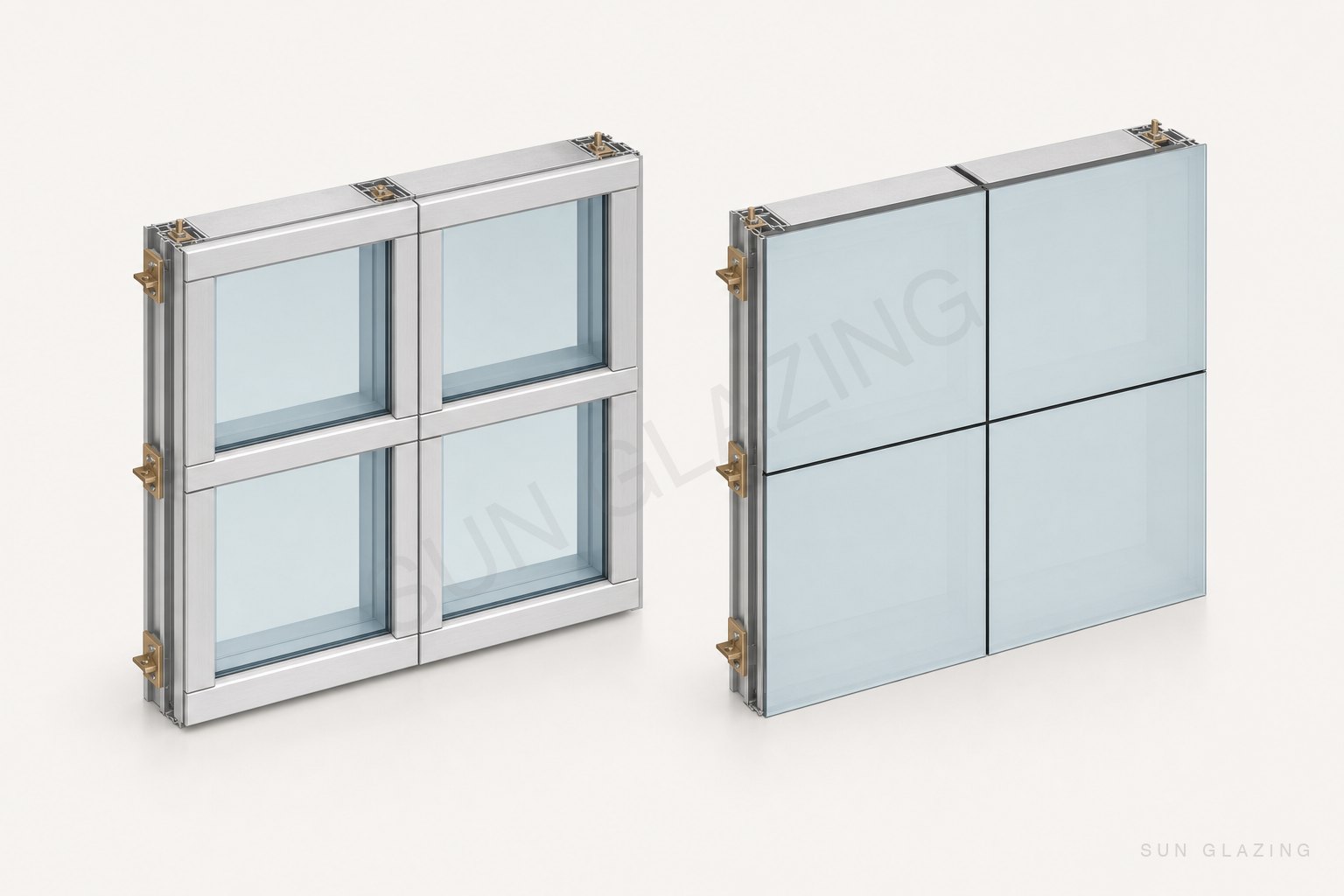 Pressure-cap glazing beside flush structural silicone glazing with slim black joints