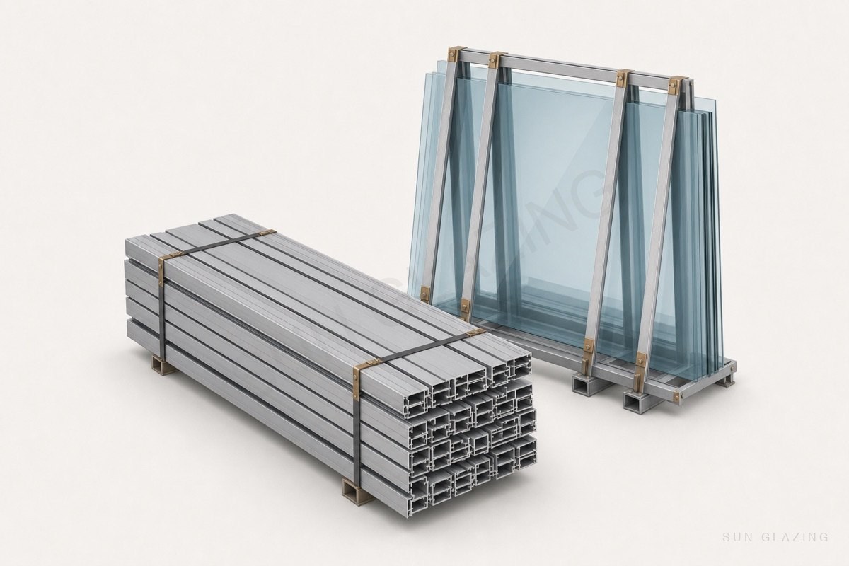 Bundled aluminium extrusions and racked glass sheets