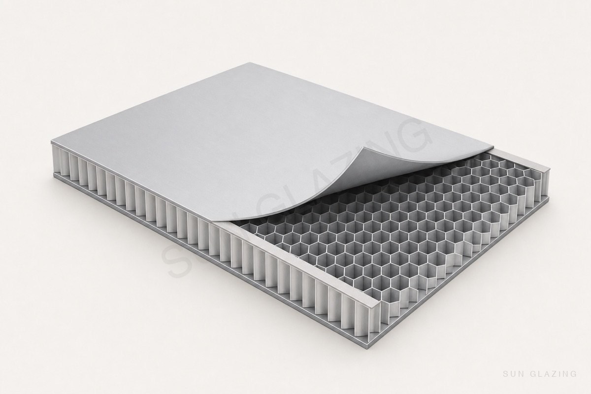 Aluminium honeycomb panel with peeled skin showing hexagonal core
