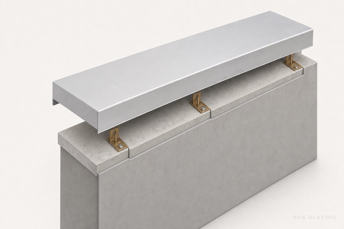 Folded solid aluminium coping cap over a parapet wall