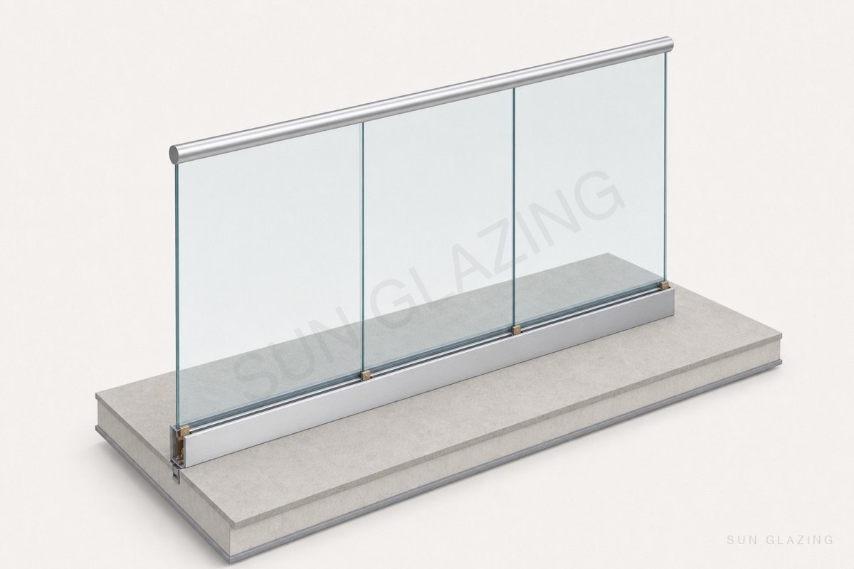 Frameless glass balustrade in a base channel with round handrail