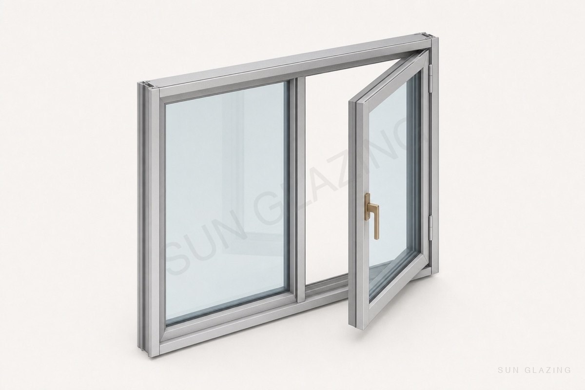 Aluminium casement window with one sash swung open