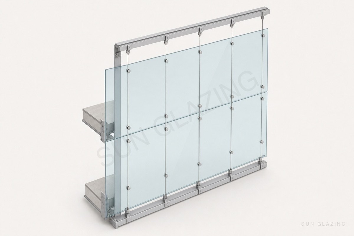 Cable-net glass wall with spider clamps and anchor beams