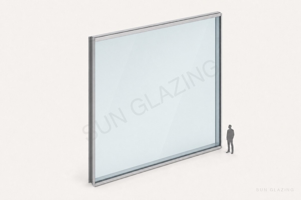 Oversized glass panel with a person shown for scale