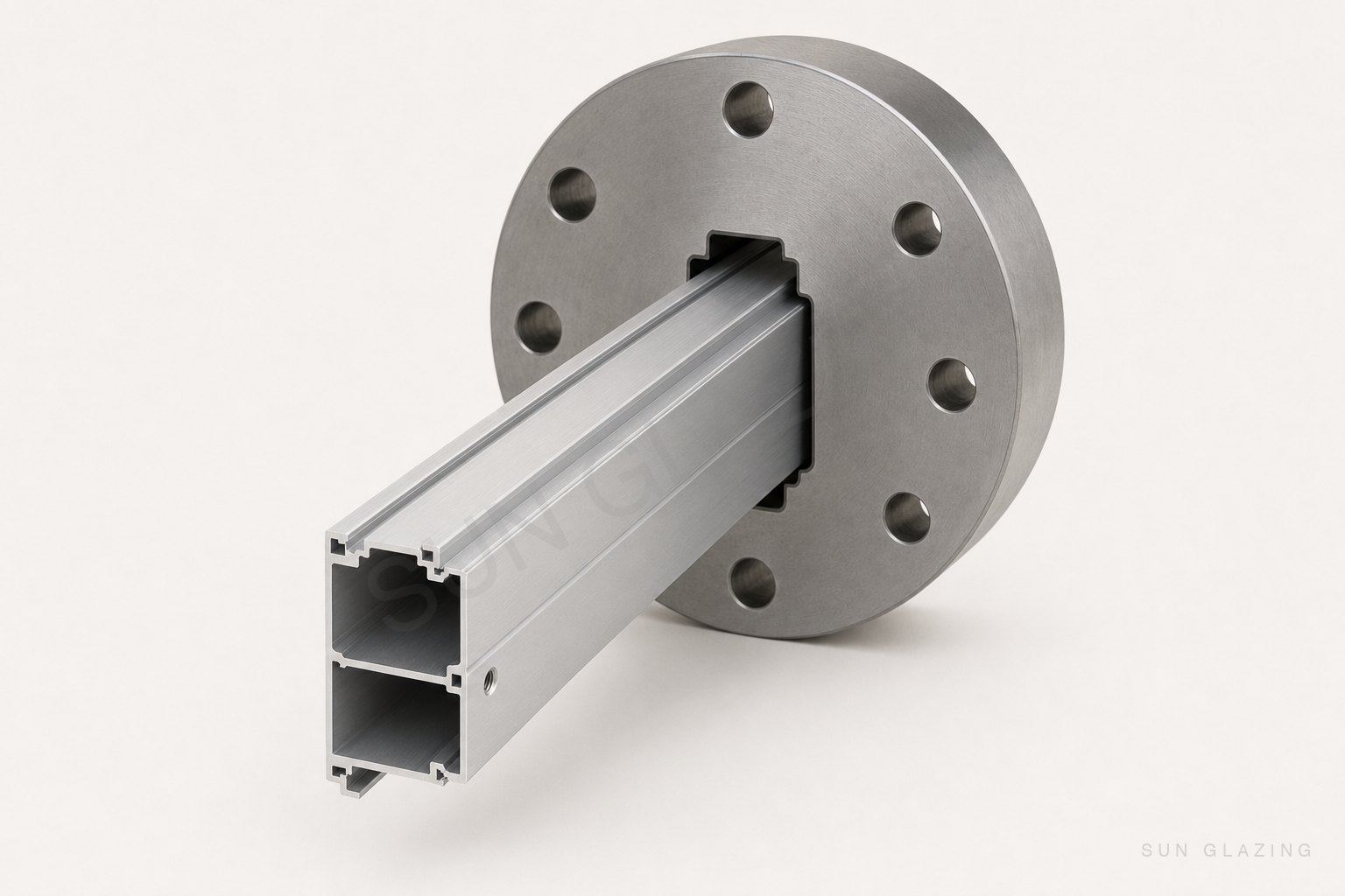 Custom aluminium mullion profile passing through its steel extrusion die